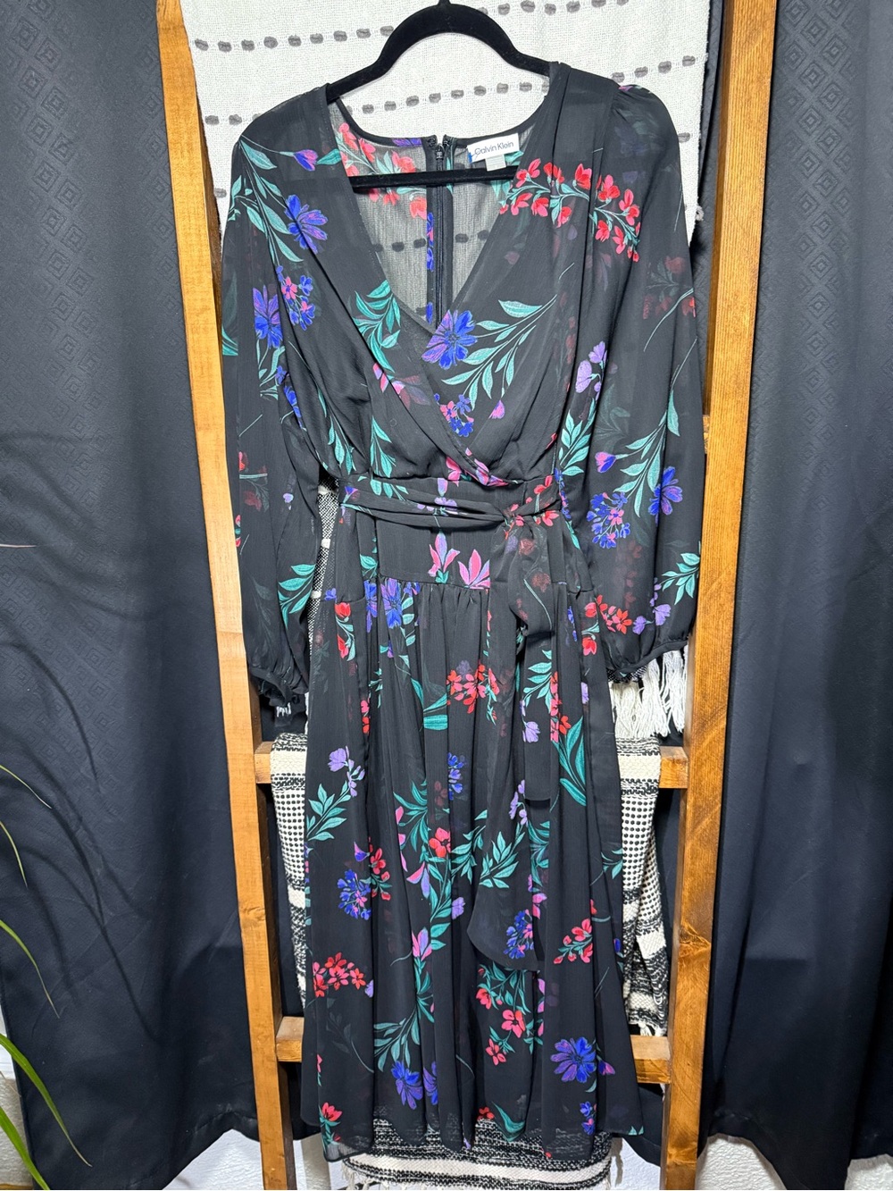 Calvin Klein Black Floral Wrap Midi Dress with Red, Purple & Green Accents
